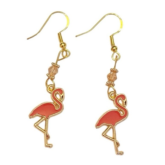 Flamingo Beaded Dangle Earrings in Gold and Pink - Picture 2 of 4